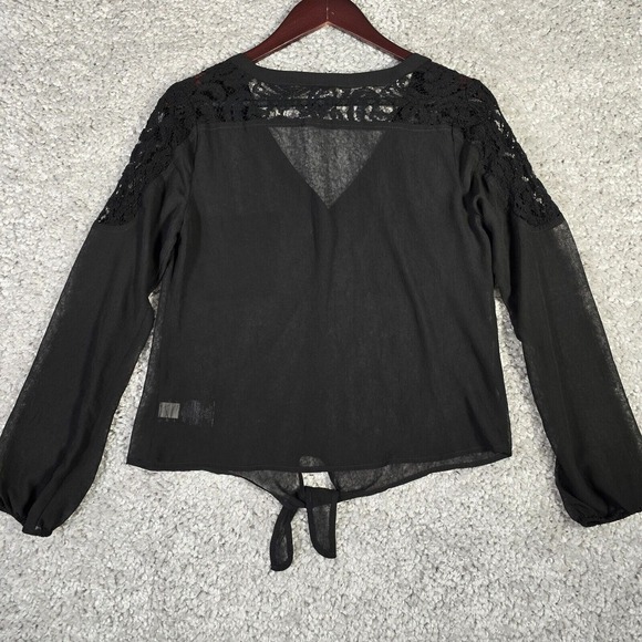 Bebe Womens Sheer Lace Button Up Blouse Black Tie Front Long Sleeve‎ Small Goth - Picture 12 of 13